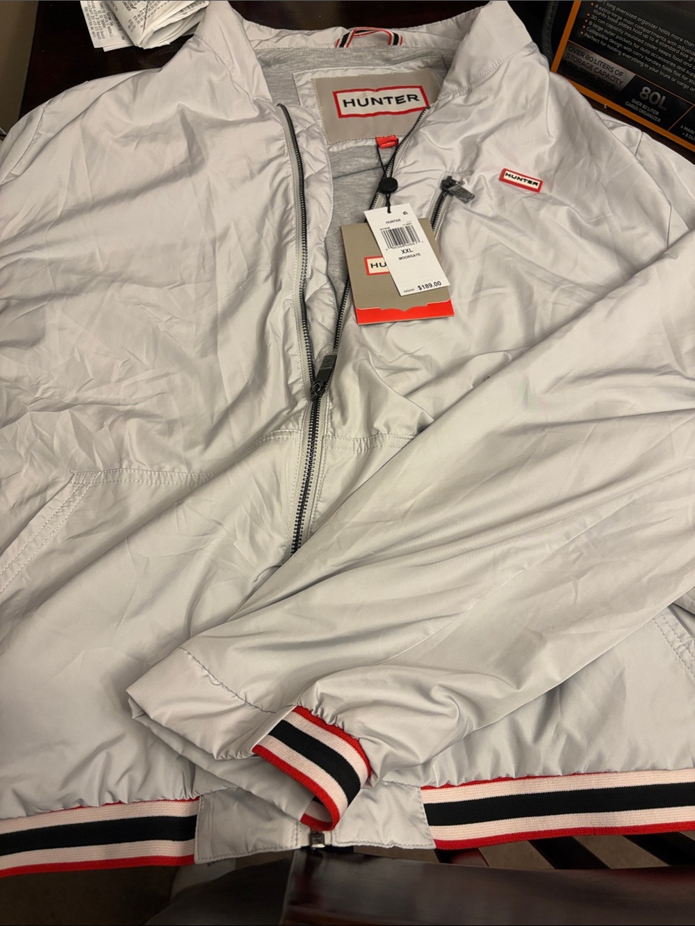 Hunter Light Gray Bomber Jacket with Red & Black Trim